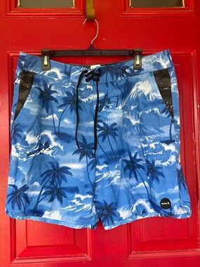 Hurley Men's 38 Swim Shorts Blue Palm Trees Summer Beach Boating Outdoors